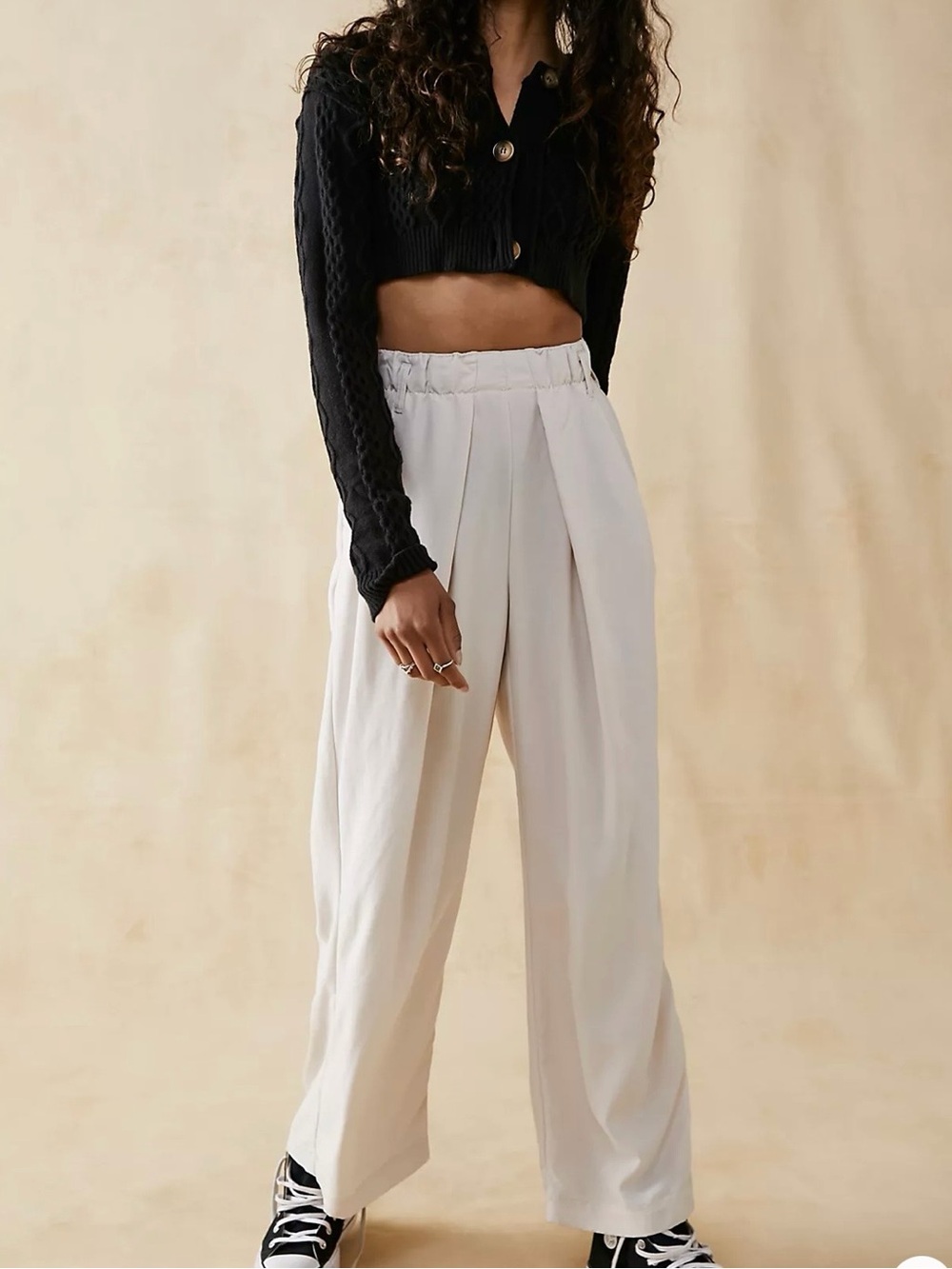 Free People Cream Wide-Leg Pleated Trousers